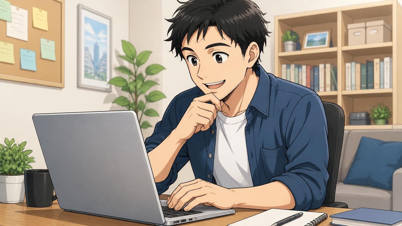 自宅のデスクで微笑みながらノートPCに向かいIT転職エージェントの登録を始める30代男性エンジニア