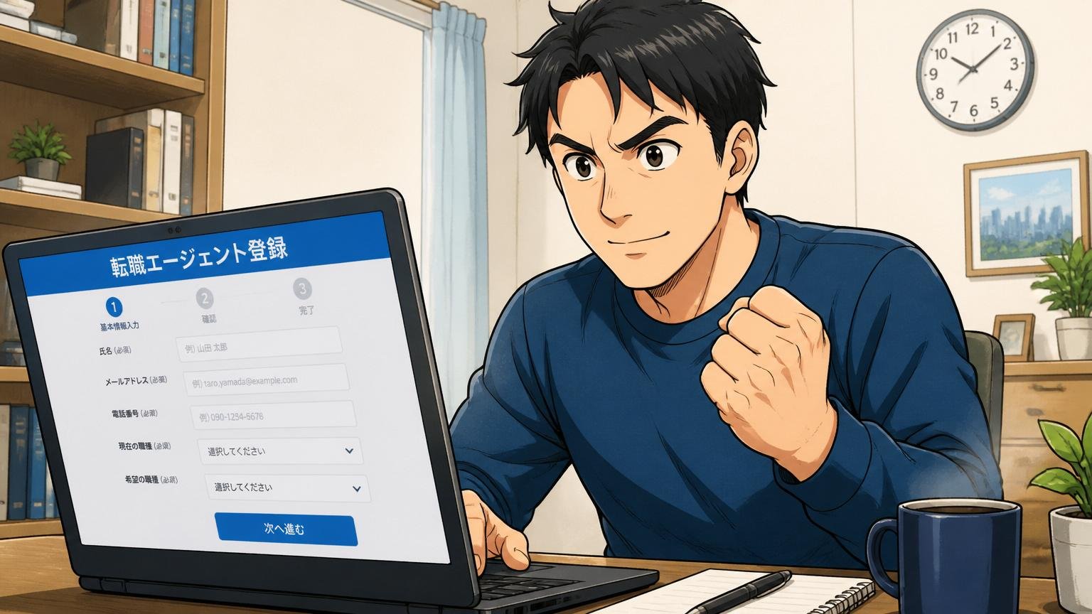 最後に確かめる第一歩を今日のうちに 自宅デスクで転職エージェントの登録画面を開き決意した表情の30代男性1人