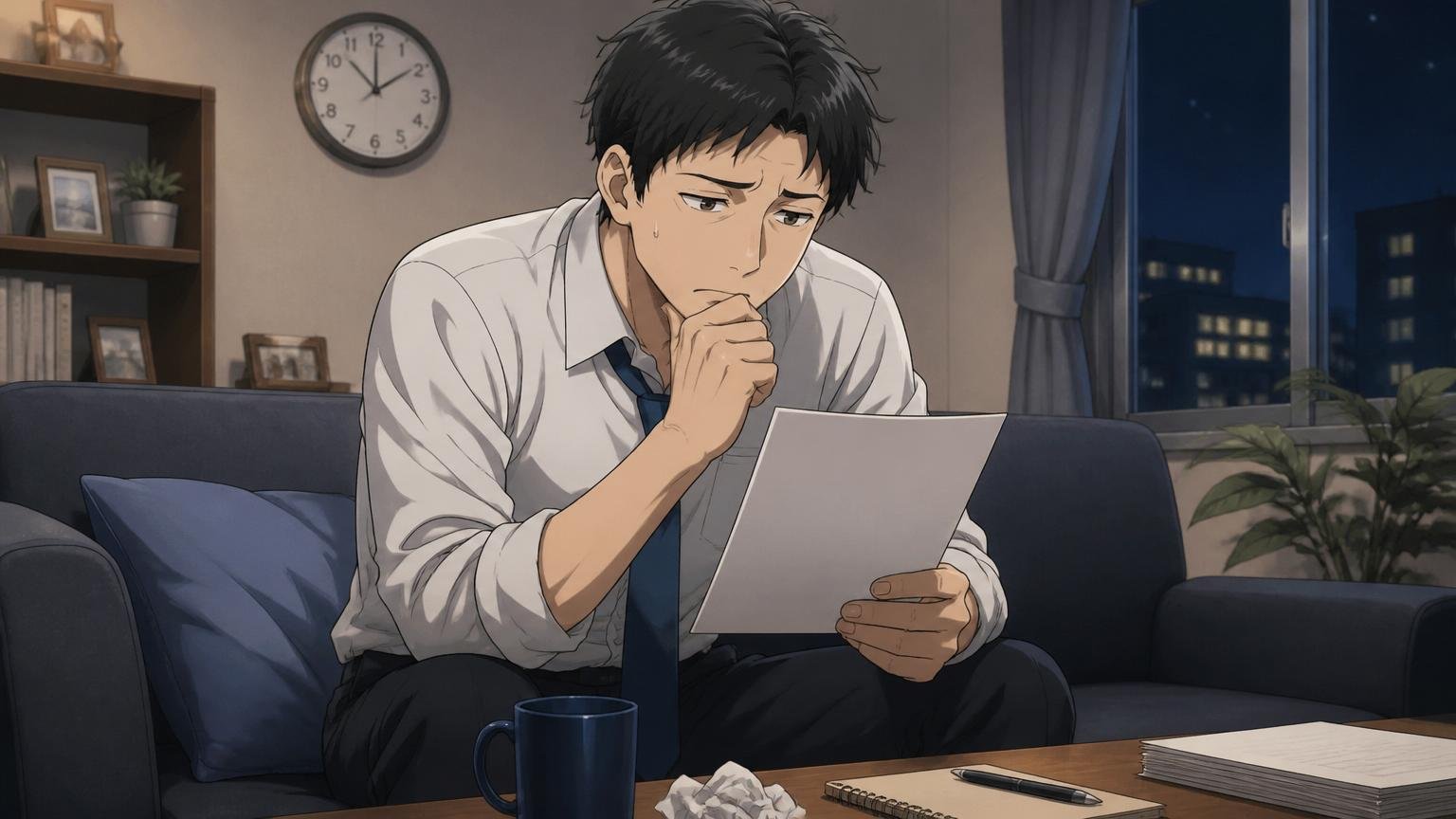 深夜のリビングで一人ソファに座り辞表用紙を眺めながら迷っている30代男性社員の姿