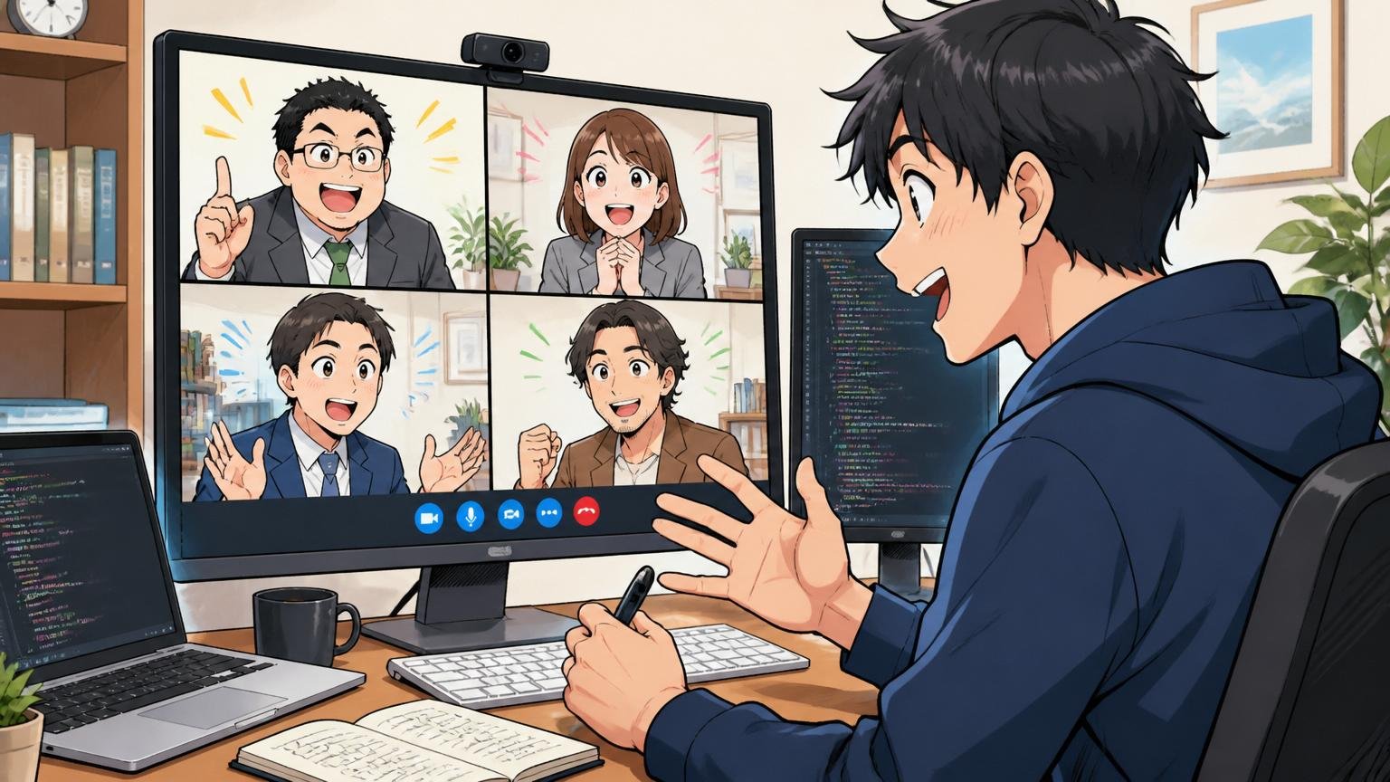 自宅のデスクで在宅勤務しながら複数の転職エージェント担当者とオンライン面談する30代エンジニア
