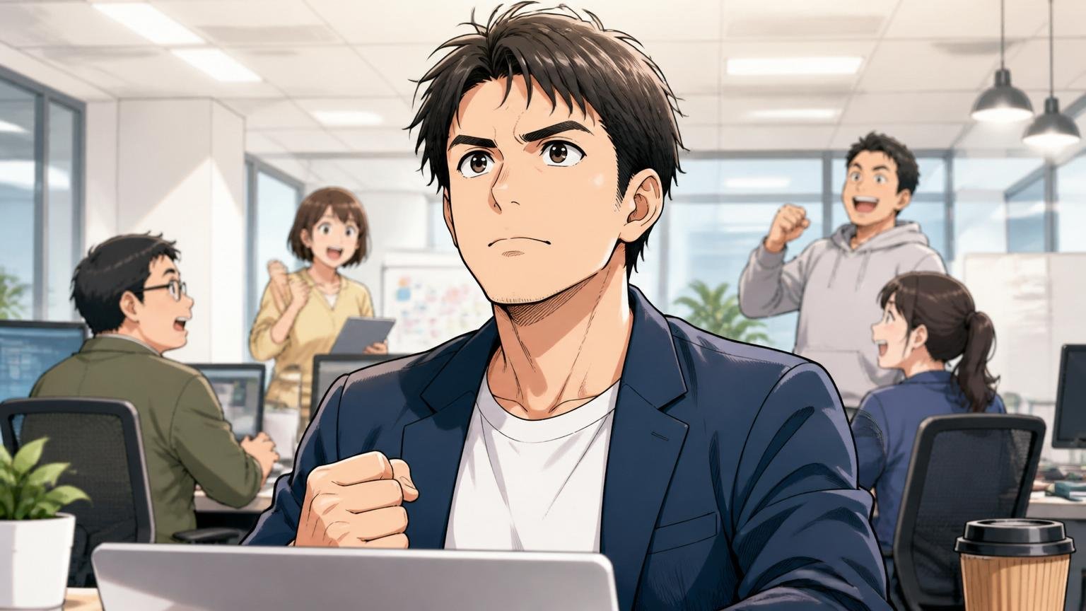 落ちた事実はあなたの市場価値を否定しない。Web系スタートアップのオフィスで30代男性1人。前を見て決意した表情