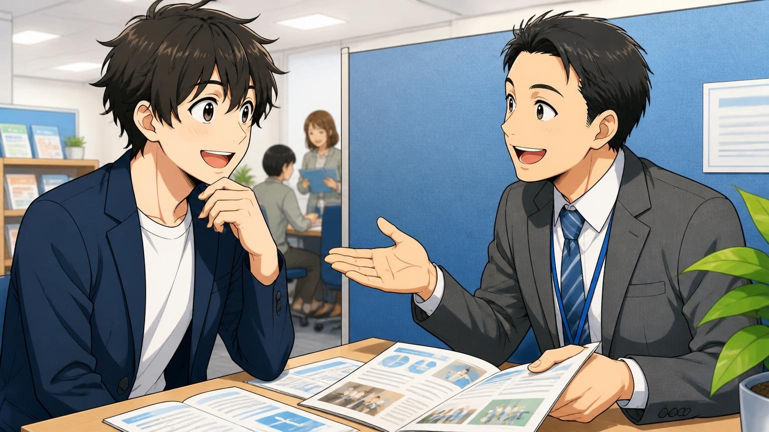 プロに無料で情報収集、転職エージェントの面談ブースで笑顔で相談する男性と資料を広げるキャリアアドバイザー