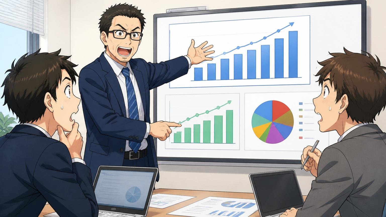 企業の会議室で40代男性アナリストが業績・年収・製品シェアの3つのデータを若手2人に整理して見せている