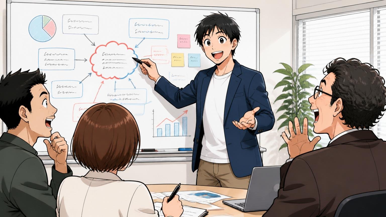 企業の会議室でメンター男性1人がホワイトボードのまとめを指してにこやかに話している