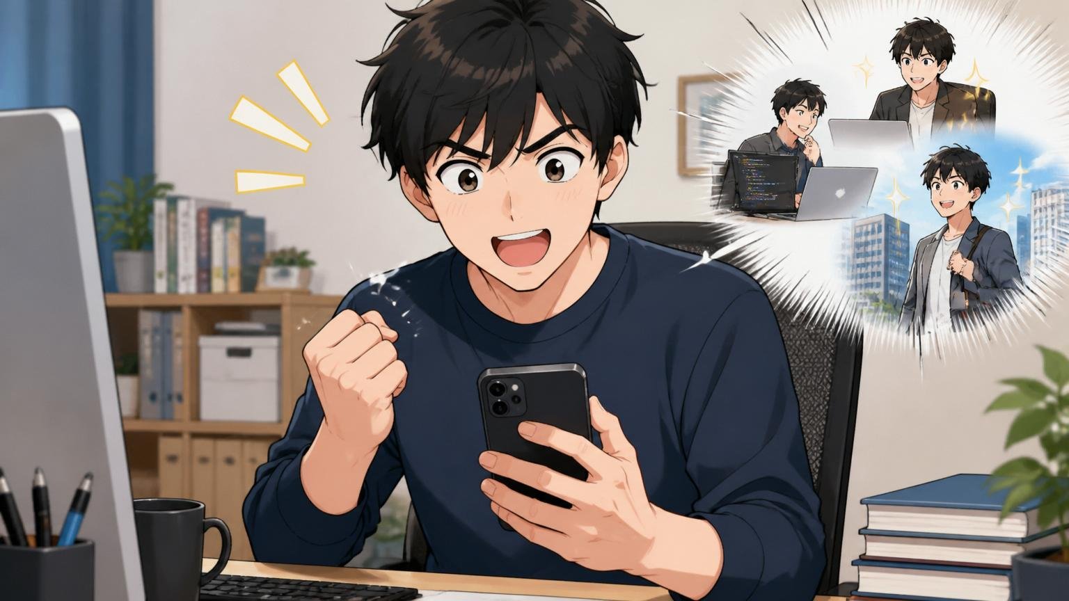 今日中にできる最初の一歩、自宅のデスクで20代後半男性エンジニア1人がスマホを手に転職エージェントへの登録を決意する
