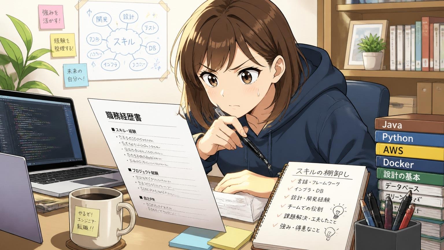 自宅のデスクで職務経歴書を書きながらスキルの棚卸しをする30代女性エンジニア1人