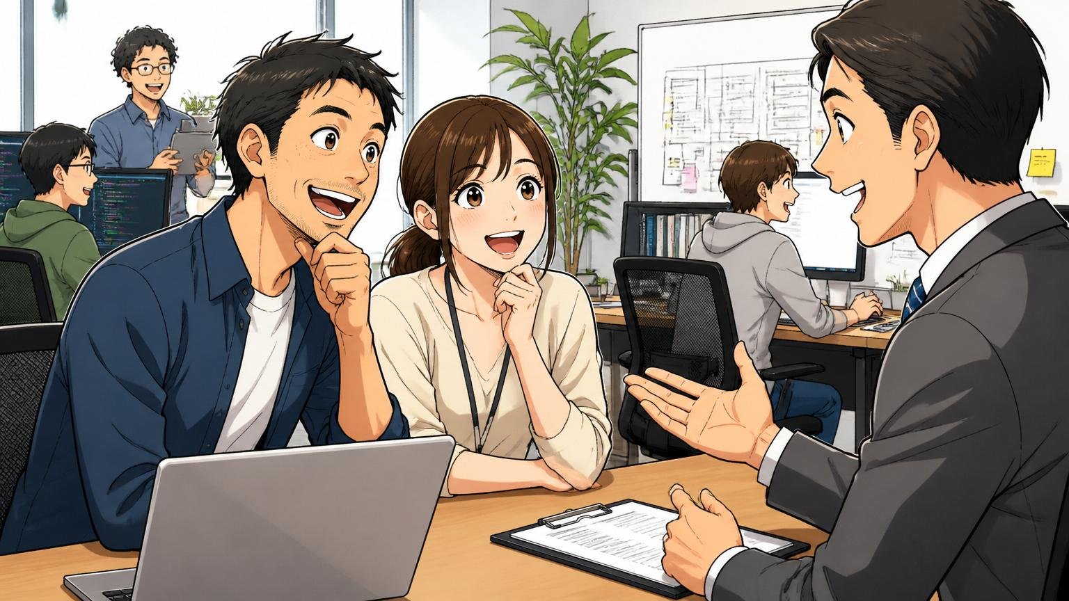 経験者向けIT特化型エージェントが最後のピースになる理由。Web系企業のオフィスで30代男女のエンジニアが転職エージェントの担当者と笑顔で面談