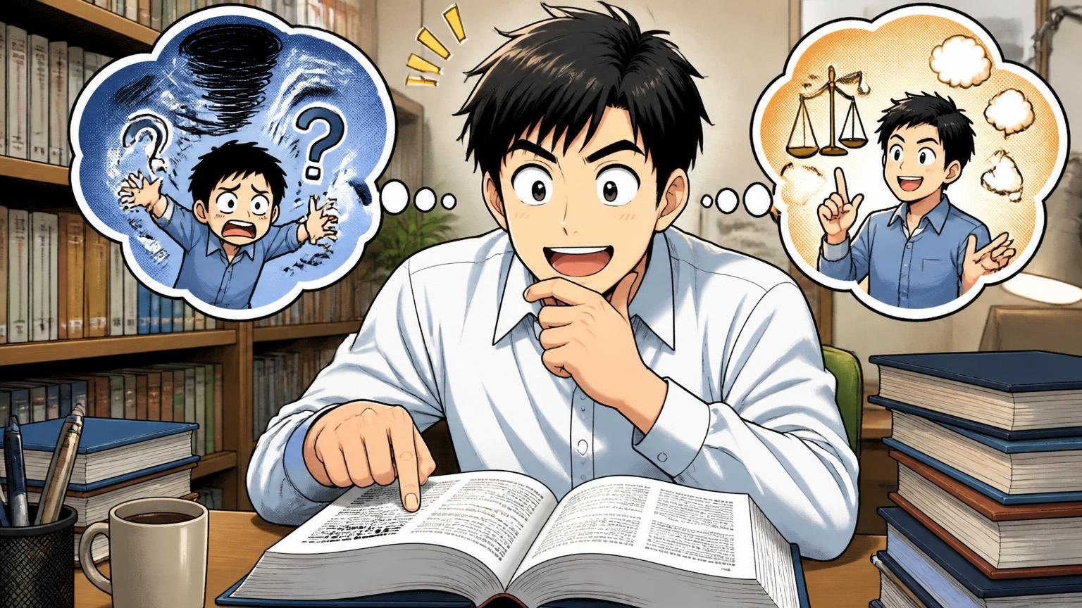 「やばい」は多義語、両論で見れば本質が見える、本棚の前で辞書を引きながら考える社員、自宅の書斎、社員1人、納得した表情