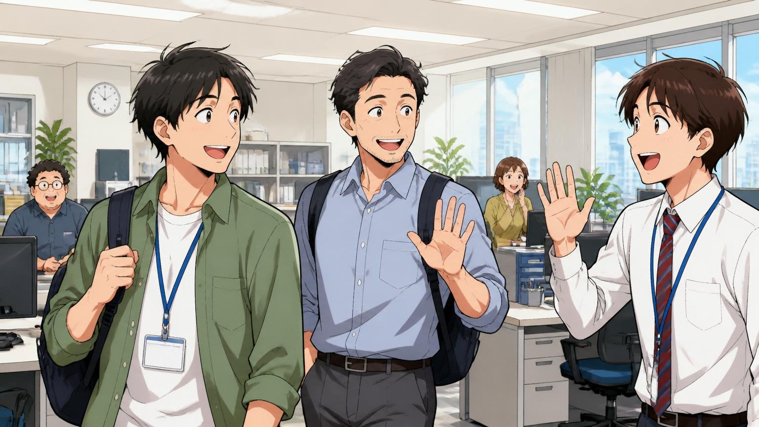 「やばい意味で悪い会社」とは言い切れない理由。明るいオフィスで定時退社する30代のエンジニア2人と、同僚に挨拶する若手