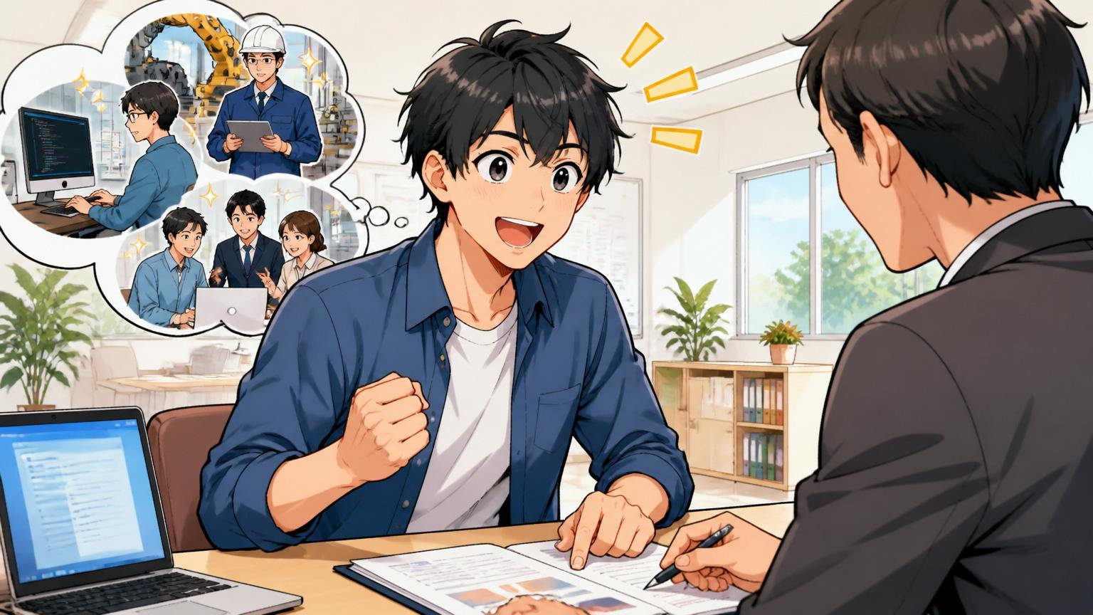 まずは無料相談で自分に向いている会社の輪郭をつかむ、明るいオフィスで前向きに相談を始める20代エンジニア