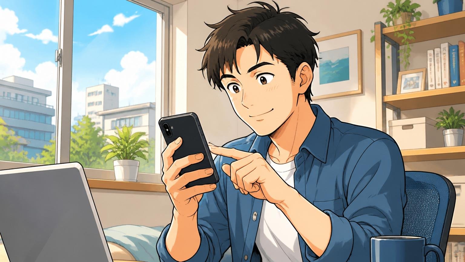 自宅の窓辺で朝の光を浴びながらスマホでエージェント相談予約を入れる30代エンジニアが穏やかな決意を見せる