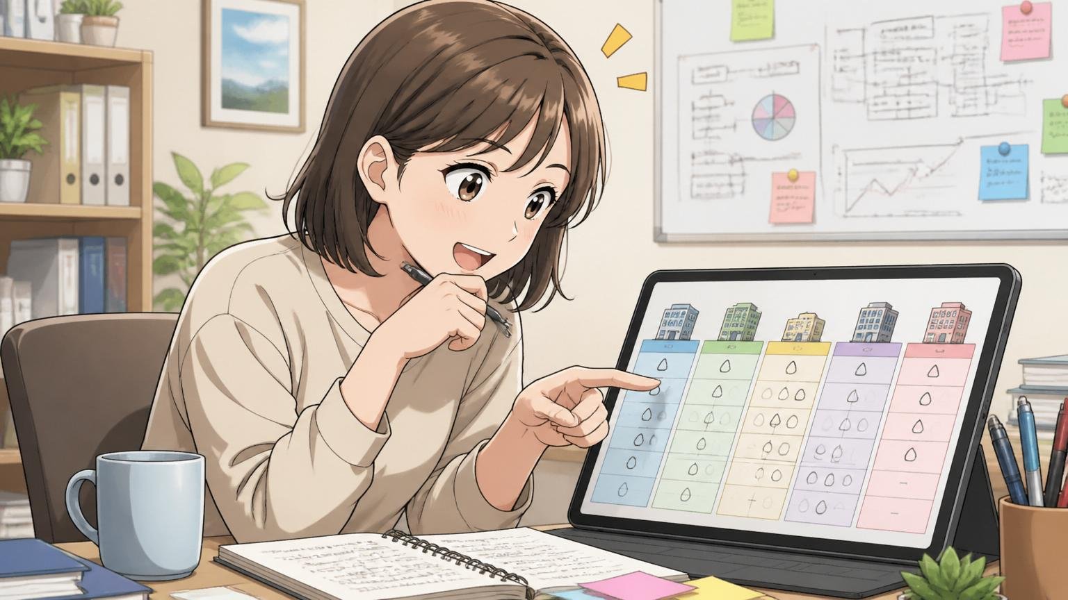 複数社の比較表を見ながら作戦を立てるエンジニア。自宅のデスクで在宅勤務、30代女性1人が表を見て前向きな表情