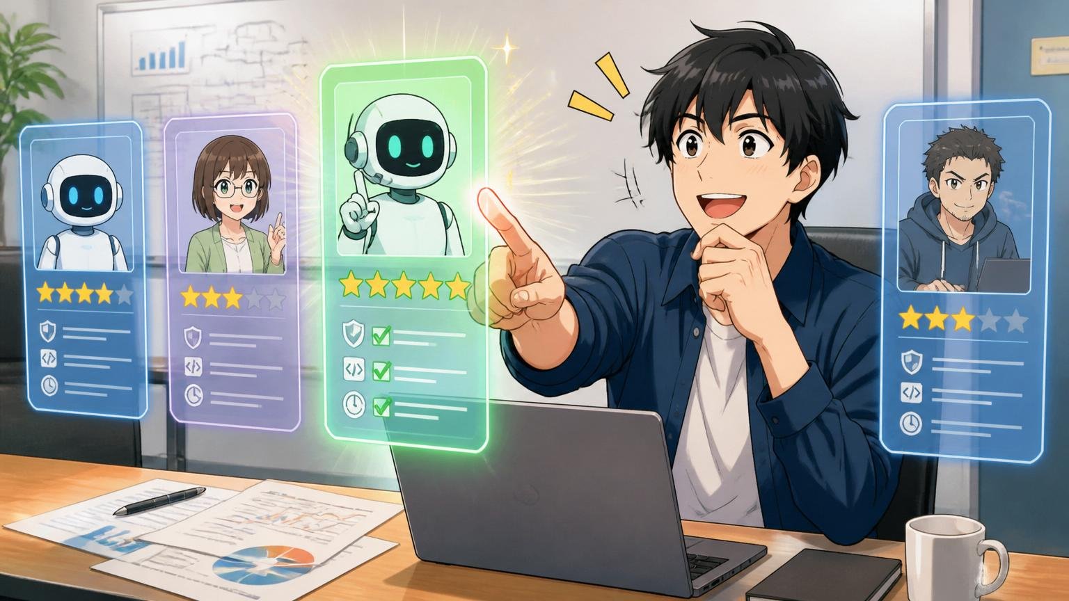 企業の会議室で複数のIT特化型エージェントを比較しながら最適な選択肢を選ぶエンジニアが安心した表情を見せる様子