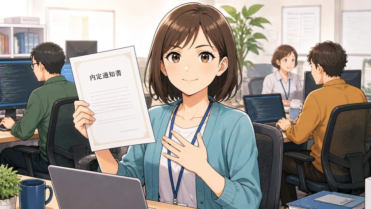 企業のオフィスで内定通知を手にしながら現職にとどまる選択をする30代女性エンジニアが自信を持った穏やかな表情