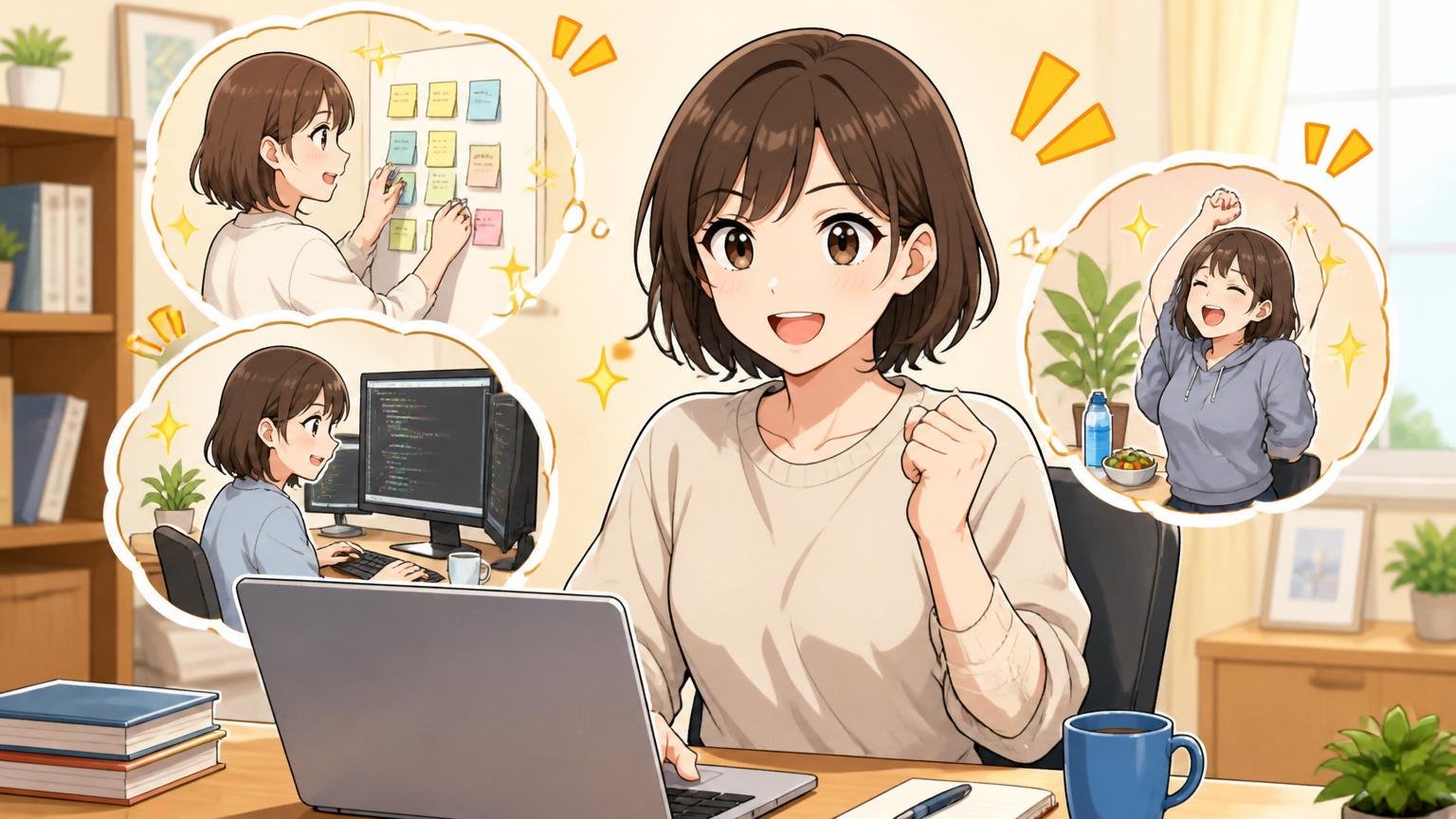 明日からできる3つのアクション｜自宅のデスクで前向きな表情でPCを開く30代女性エンジニア1人