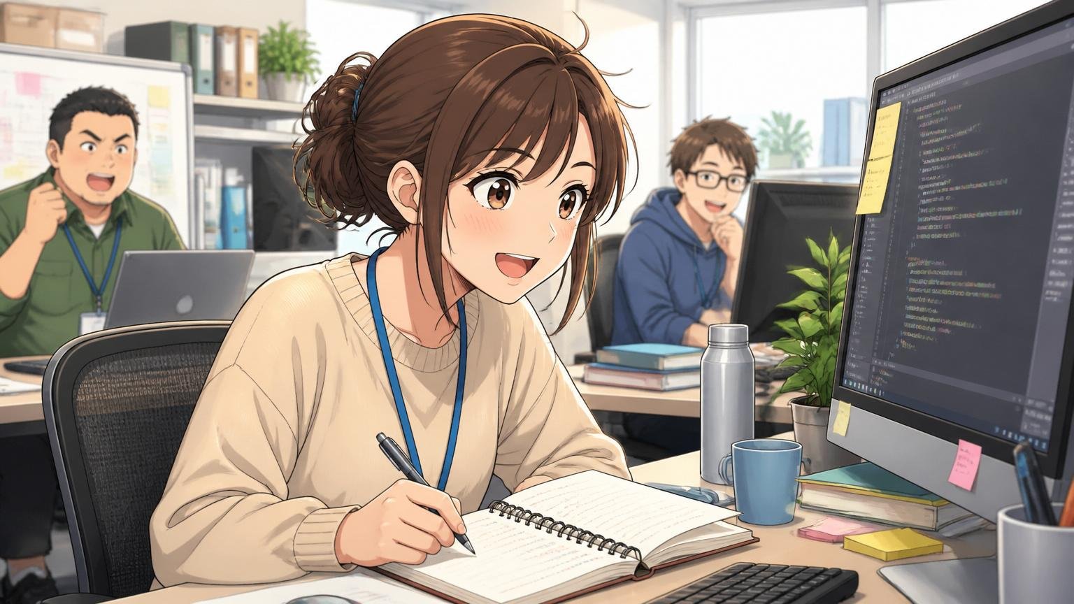 Web系自社開発企業のオフィスで明るい表情でレビューを読みながらメモを取る20代後半女性エンジニア