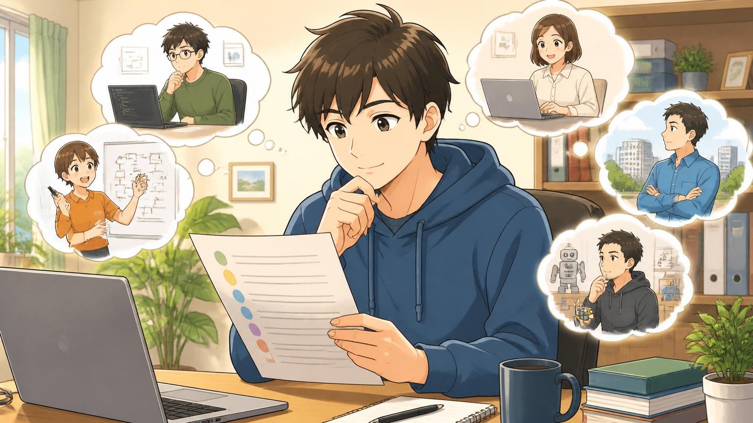 自宅のデスクで穏やかに微笑みながらキャリアの選択肢リストを眺めるエンジニアの落ち着いた様子