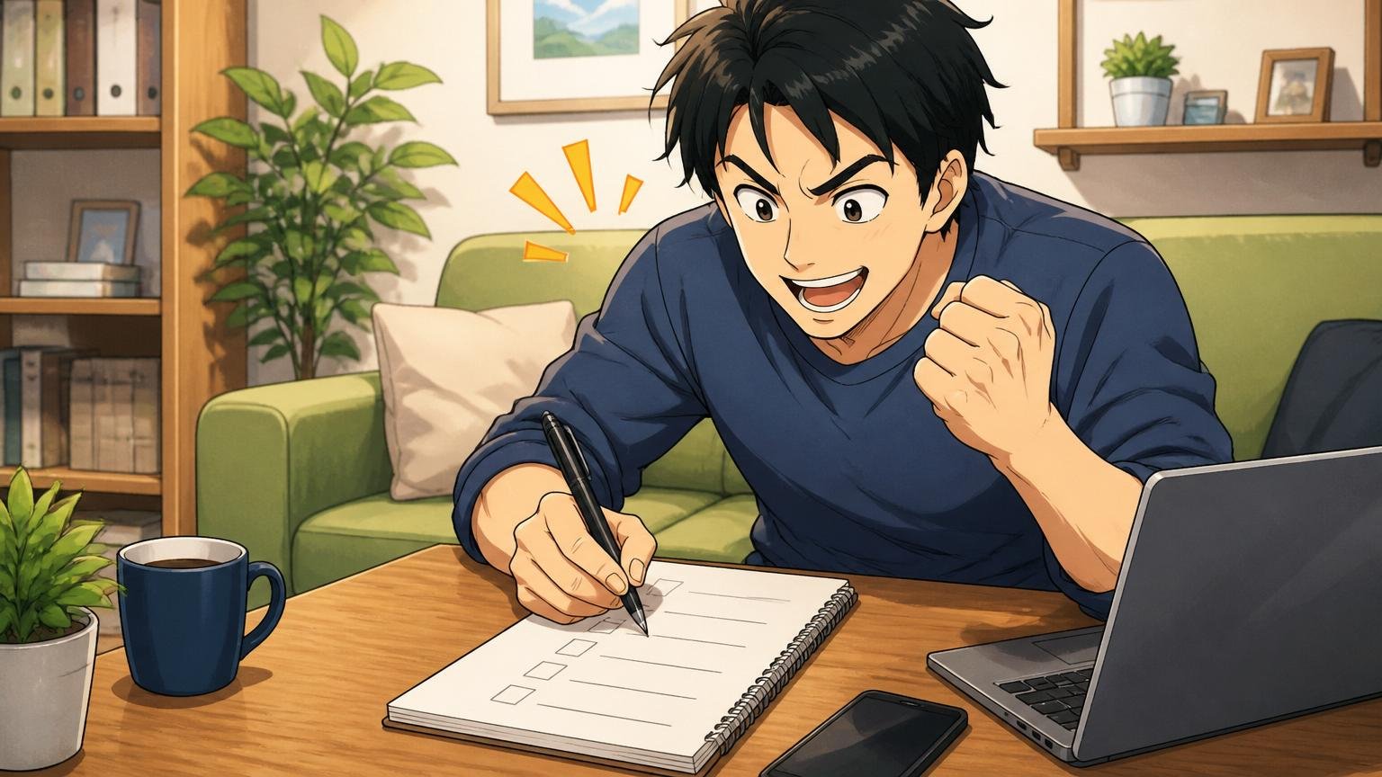 自宅のリビングで30代エンジニアがノートに今日からのアクションプランを書き出す
