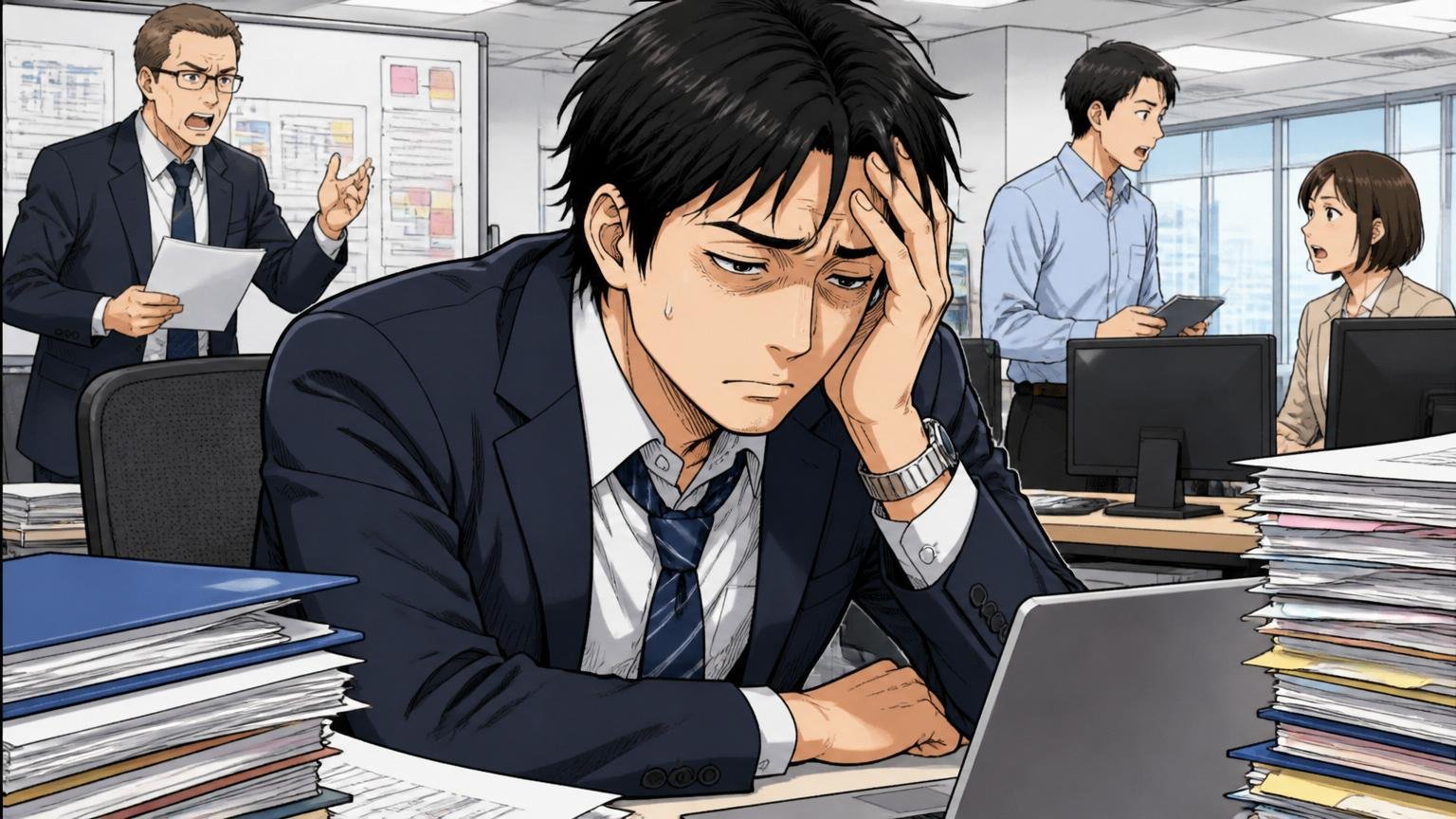 外資企業のオフィスで成果プレッシャーに疲れた表情を見せる中堅の日本人ITプロフェッショナル