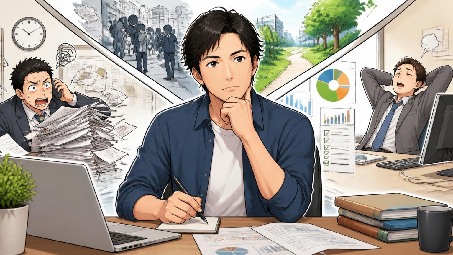 焦って辞めず、惰性で残らず、情報を持って決める。30代男性が落ち着いた表情で自分のペースで意思決定するシーン