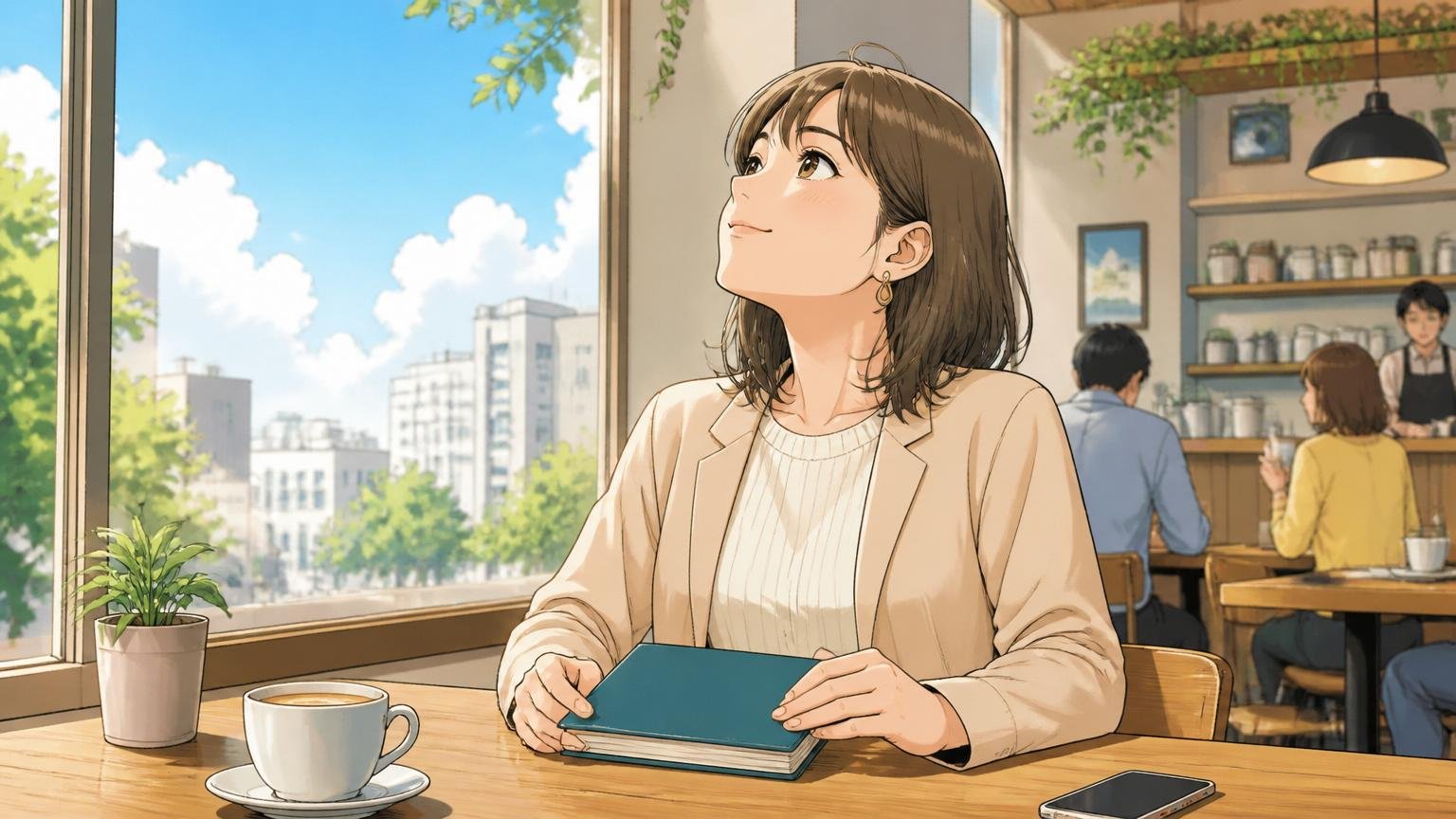 次の一歩を一人で抱え込まないでください。カフェで30代女性1人。ノートを閉じて空を見上げる