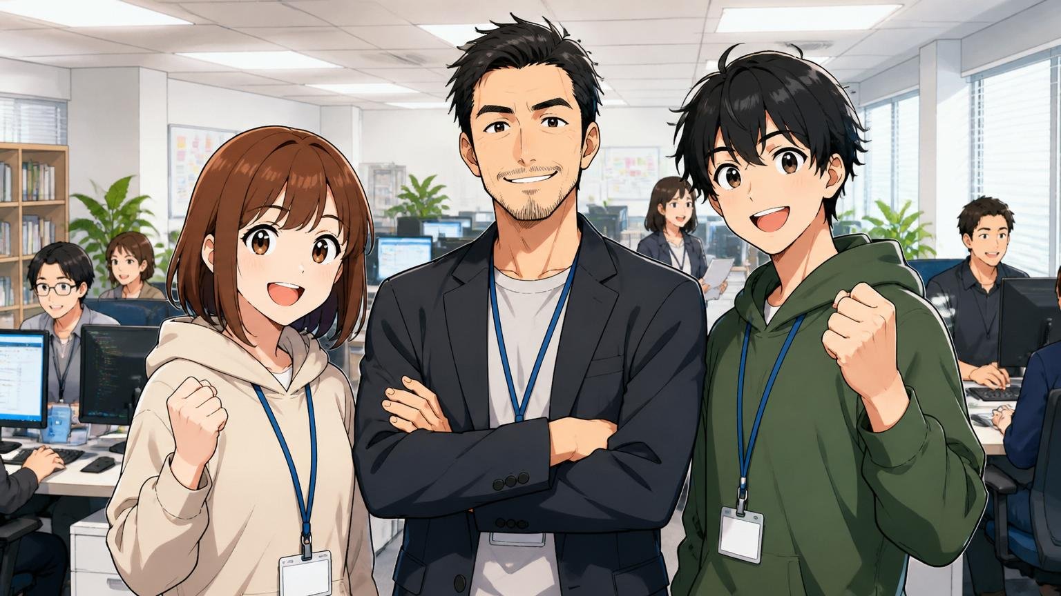 企業のオフィスでメンター男性と若手男女エンジニア2人が前を向いて笑顔で立っている