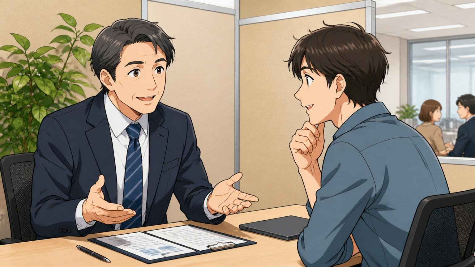 迷ったときはまずプロに無料相談してみよう、転職エージェントの面談ブースで40代キャリアアドバイザー1人と30代男性エンジニア1人が穏やかに対話