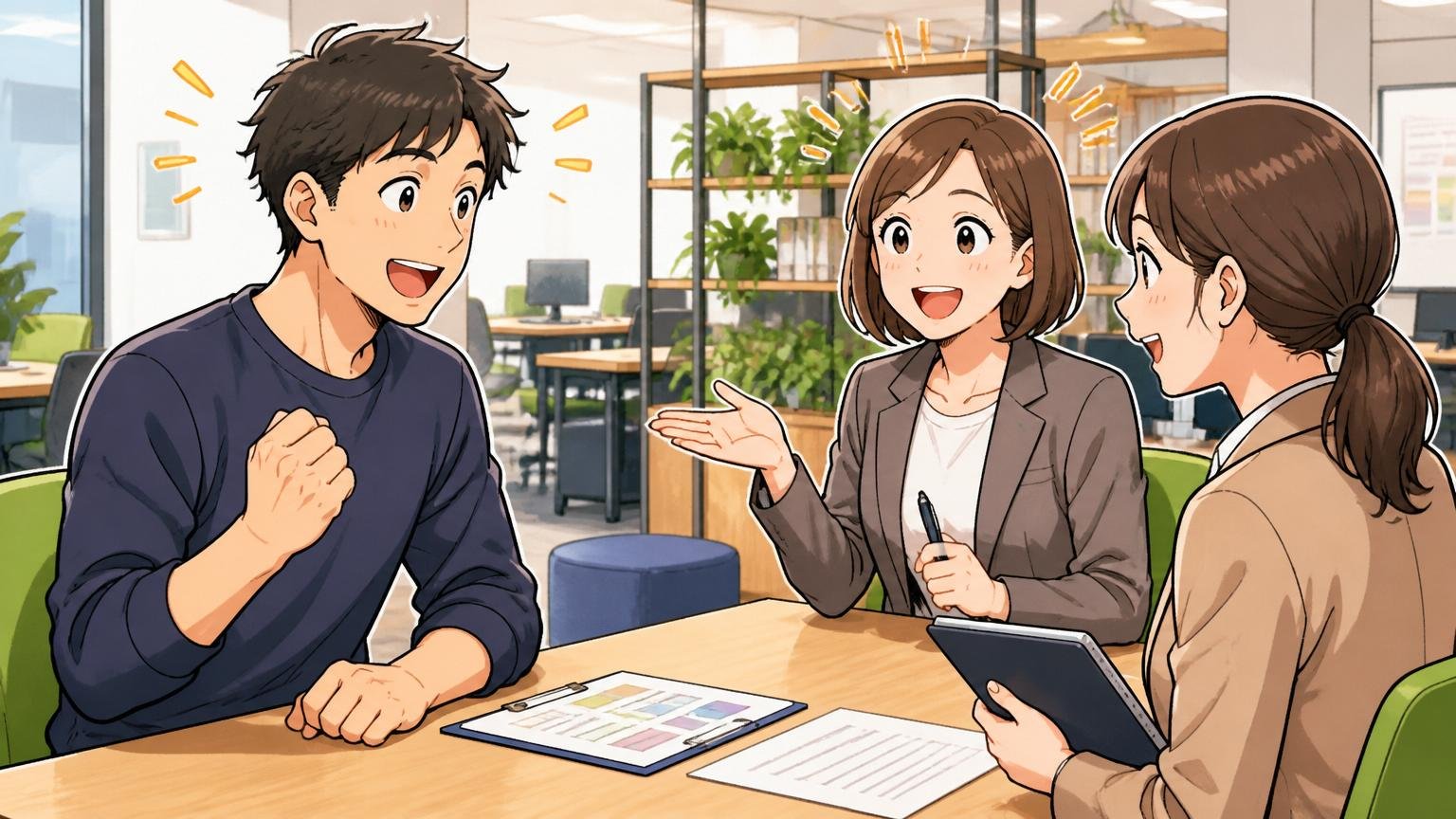 Web系オフィスでITエンジニア経験者が転職アドバイザーと無料面談する20代後半男性とアドバイザー女性2人