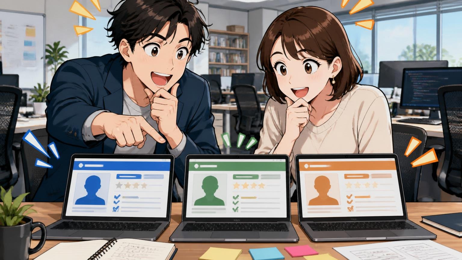 年収交渉に強い、おすすめIT特化型エージェント3選。Web系企業のオフィスで20代後半男性と30代女性エンジニアが選択肢を比較して笑顔