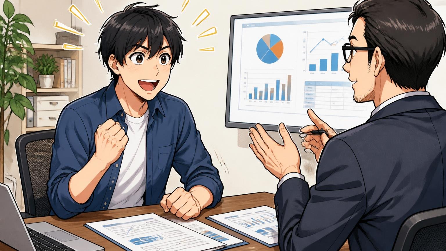 「自分軸」で決めるが市場価値の確認は先、転職エージェントとの面談で価値を確認するエンジニア、面談室、社員2人、確信した表情