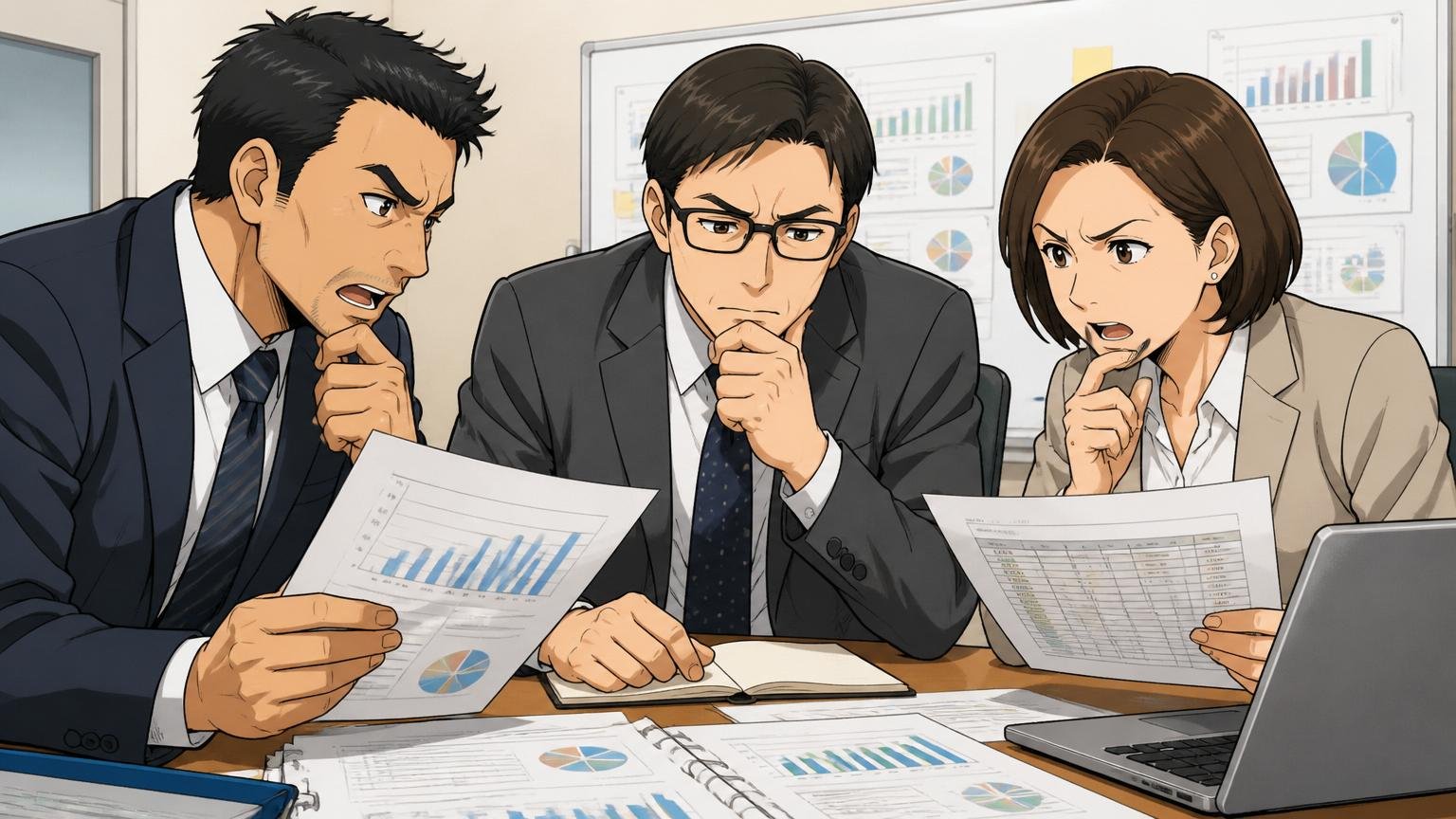 人事評価会議の会議室で給与体系の変更を議論する40代男女マネージャー3名が真剣な表情で資料を見る