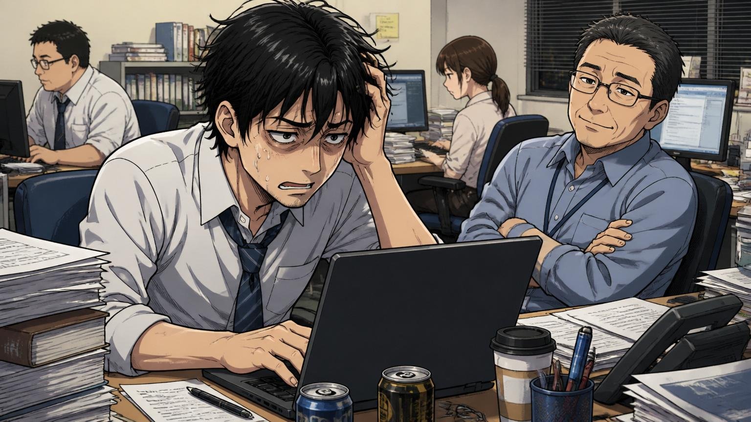 「やばい意味ですごい会社」とも断言しない理由。SIerの開発現場で疲れた表情で残業する30代エンジニアと、長く同じ業務を続けるベテラン