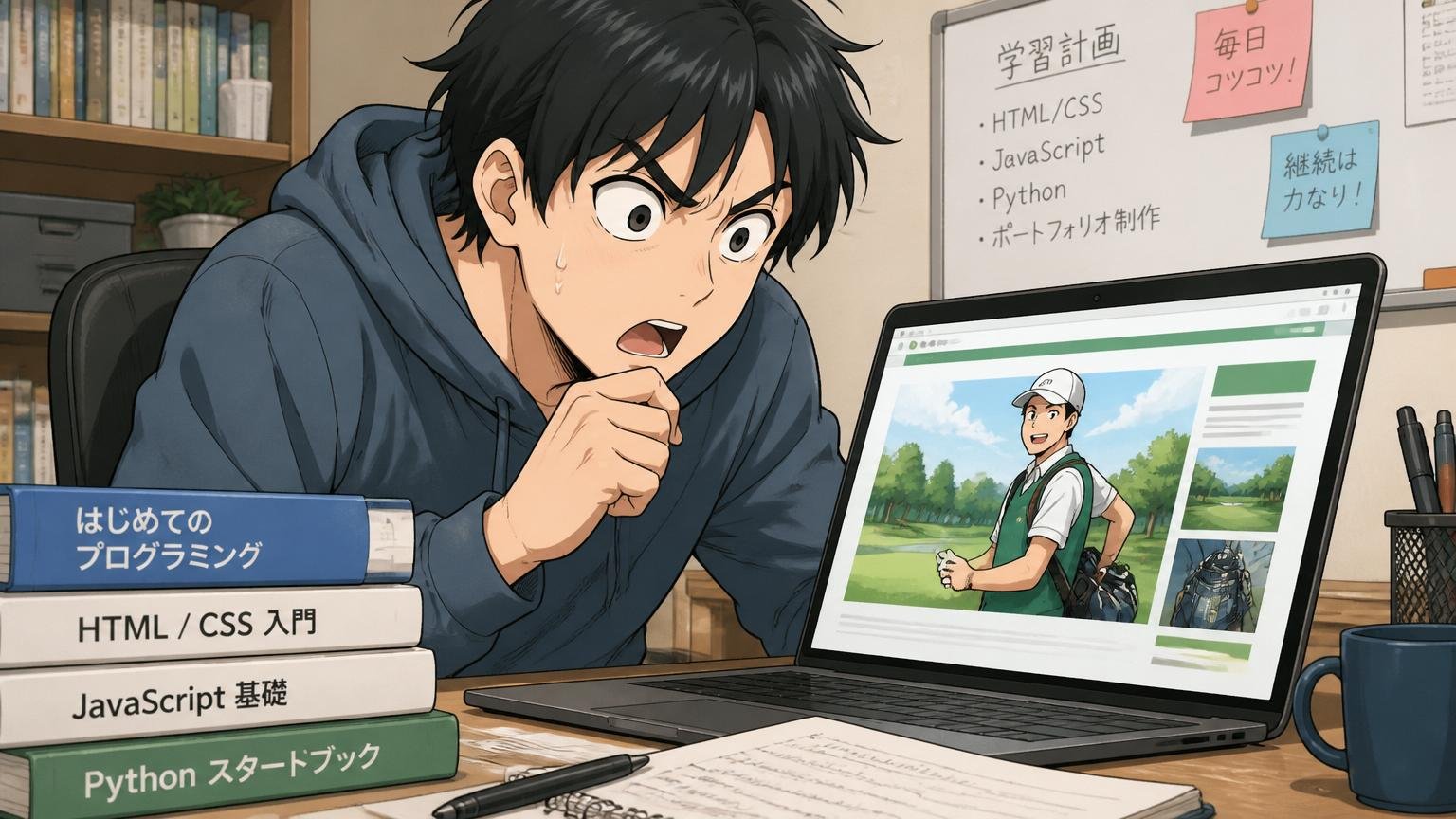 自宅のデスクで20代後半の未経験者がプログラミング学習教材を前にキャディの求人ページを見つめる