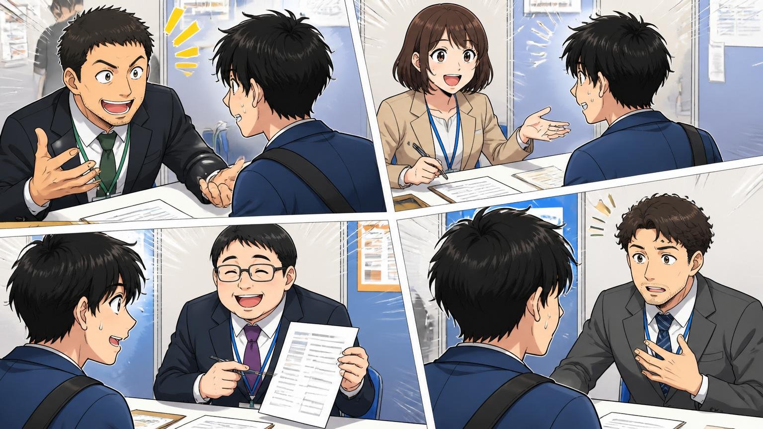 転職相談ブースで複数の転職エージェントの担当者と順番に面談する30代男性求職者の様子