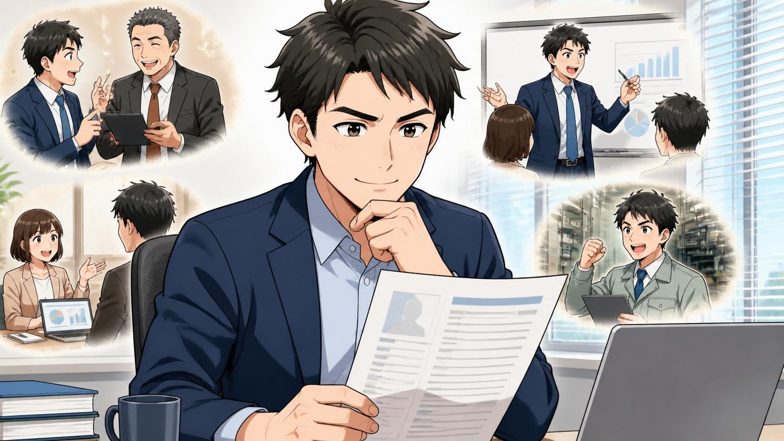 リコージャパンで培った経験は、必ずどこかで評価される。30代男性が自分の職務経歴書とこれまでのキャリアを見つめ自信を取り戻す表情