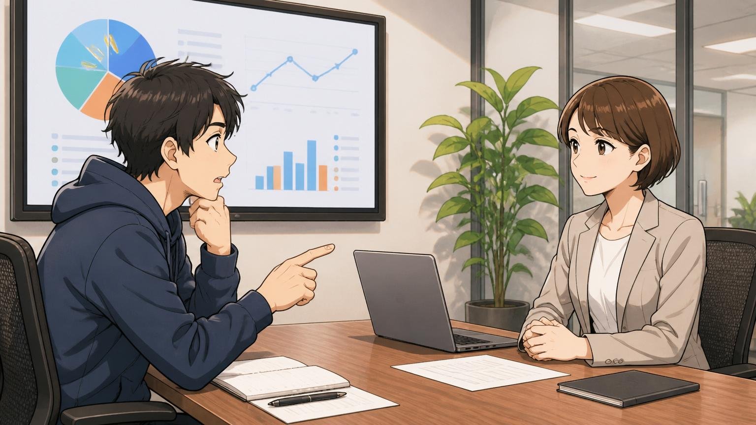 Web系企業の面接室で離職率データを質問する20代後半のエンジニア1人と落ち着いて答える人事担当1人の場面
