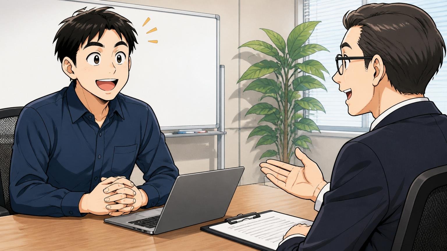 企業の会議室で30代男性エンジニアが転職エージェントの担当者と笑顔で面談スタートしている
