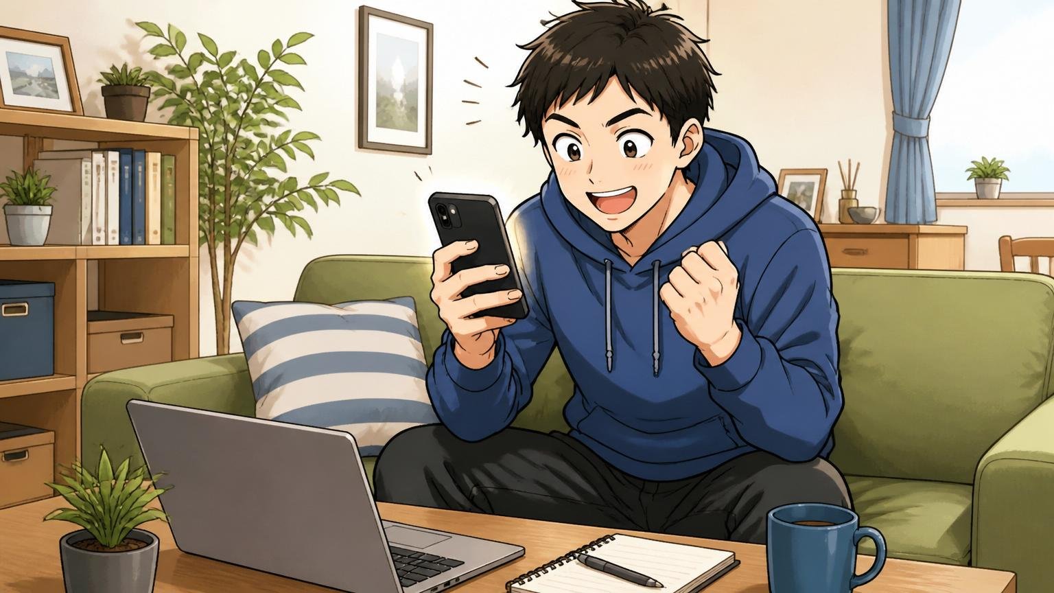 退職せず情報収集から始めるエンジニア、自宅のリビングでスマホから無料相談を申し込むエンジニア、自宅、社員1人、前向きな表情