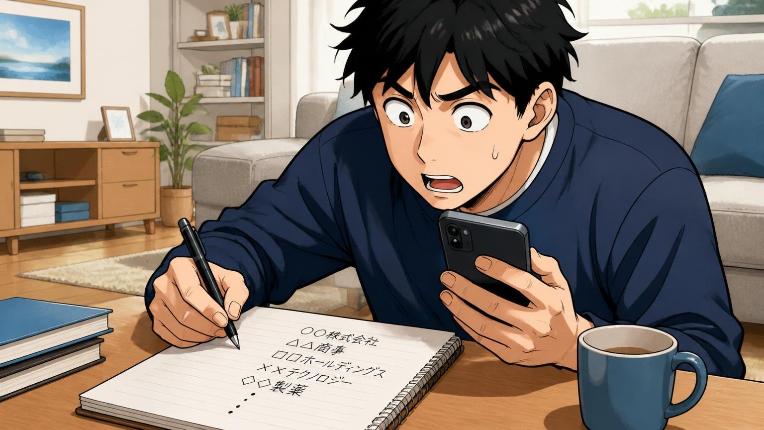 自宅のリビングでスマホでめちゃコミックを読みながら困惑する20代男性1名がノートに会社名を書き出す