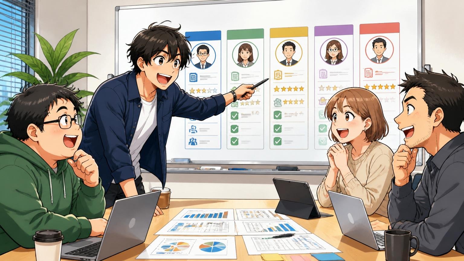 企業の会議室で経験者エンジニア向けのIT特化型エージェントを比較しながら明るい表情で次の行動を決めるエンジニア