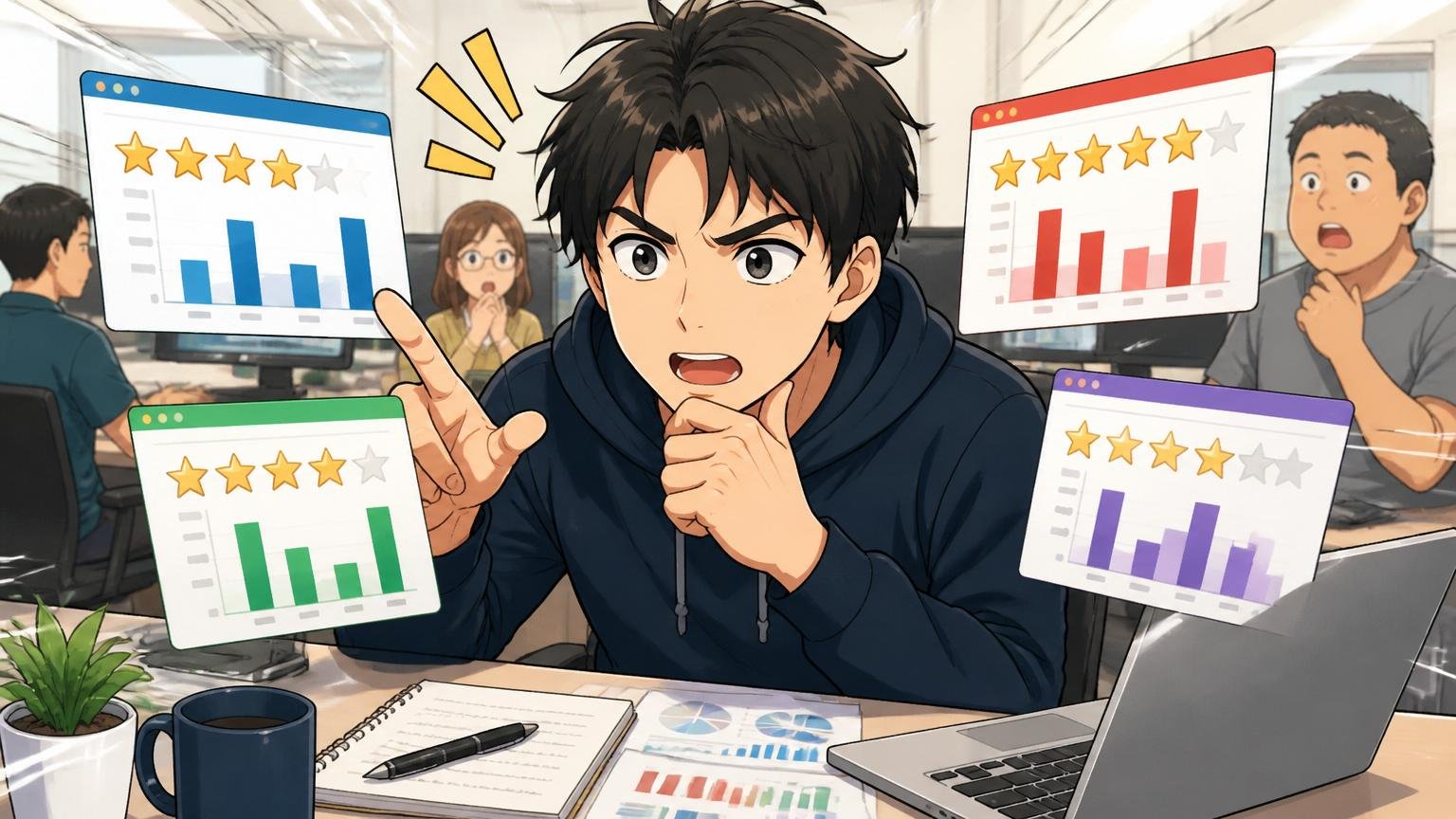 Web系IT企業のオフィスで複数のレビューサイトのスコアを比較して相対化する30代男性エンジニア