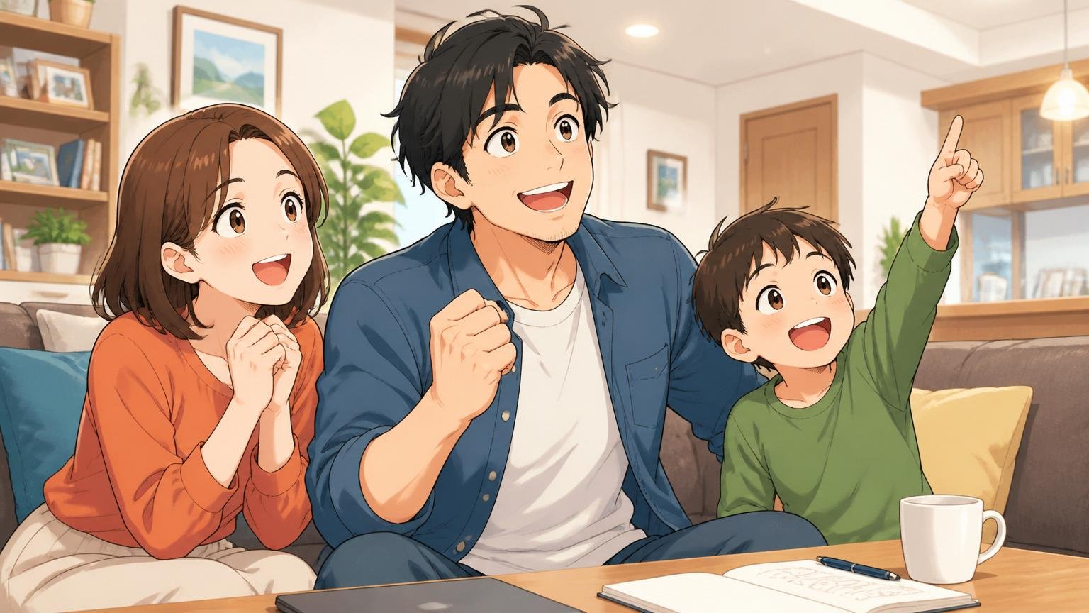 自宅のリビングで30代エンジニアが家族と笑顔で過ごし将来を前向きに考える