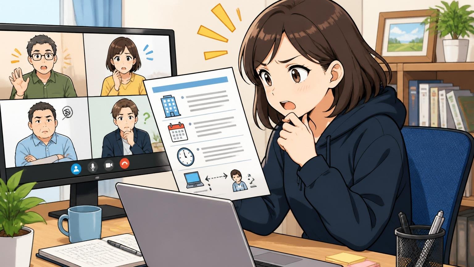 自宅のデスクで30代女性エンジニアがオンライン会議をしながら出社ルールを確認する