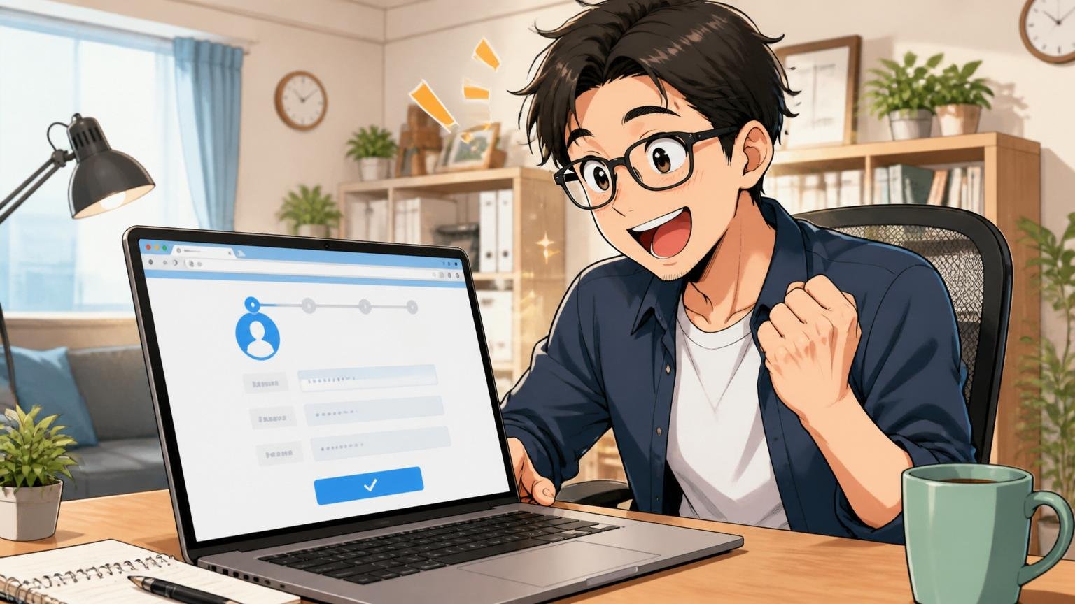 自宅のデスクで在宅勤務しながら笑顔で転職サイトに登録する30代エンジニア, ノートPC画面で気軽に登録するシーン