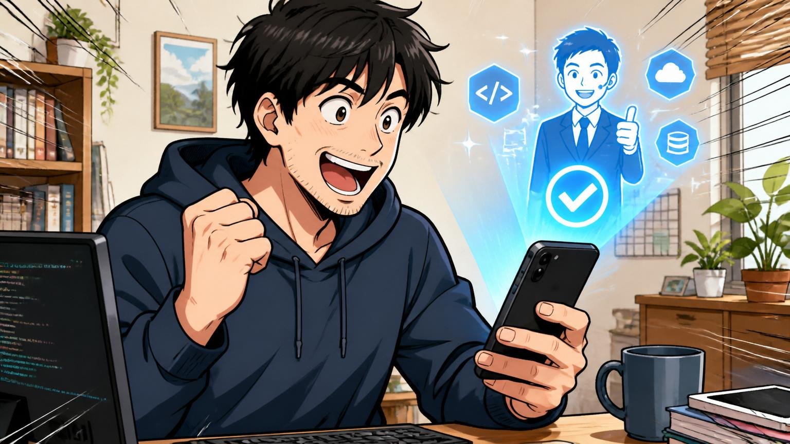 自宅のデスクで30代エンジニアがスマートフォンでIT特化型エージェントに登録する瞬間