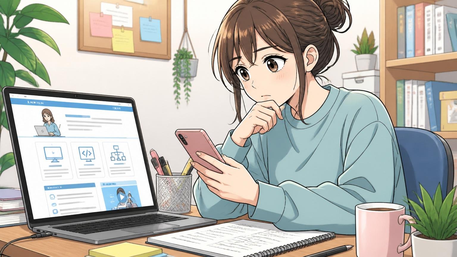 自宅のデスクで未経験エンジニア向けの学習サイトを見ながらキャリアを考える20代女性1名がスマホでメモを取る