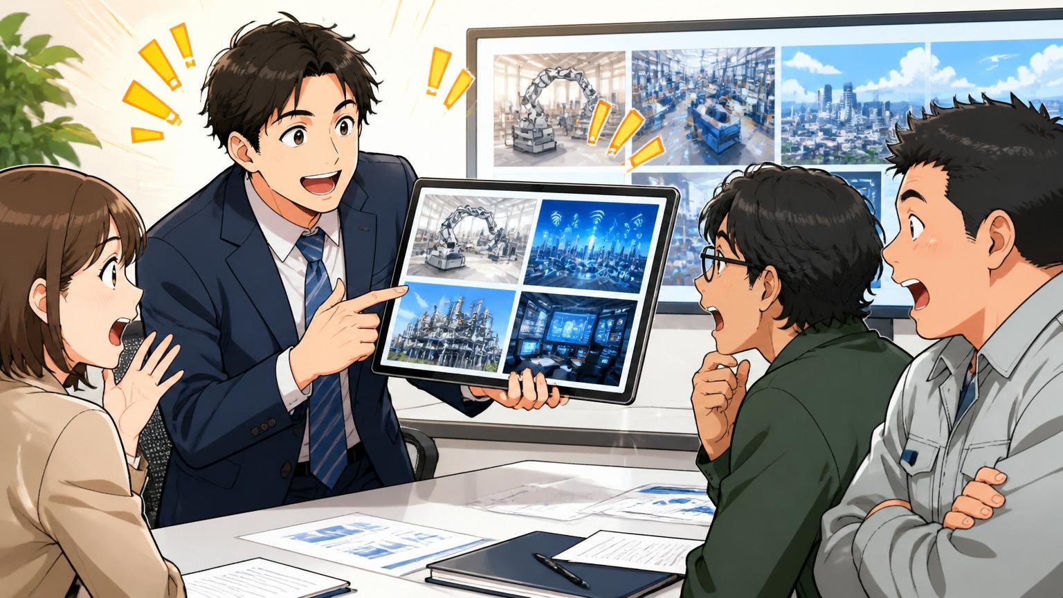 企業の会議室で30代男性エージェントがエンジニアに製造業DX関連企業を複数提案する