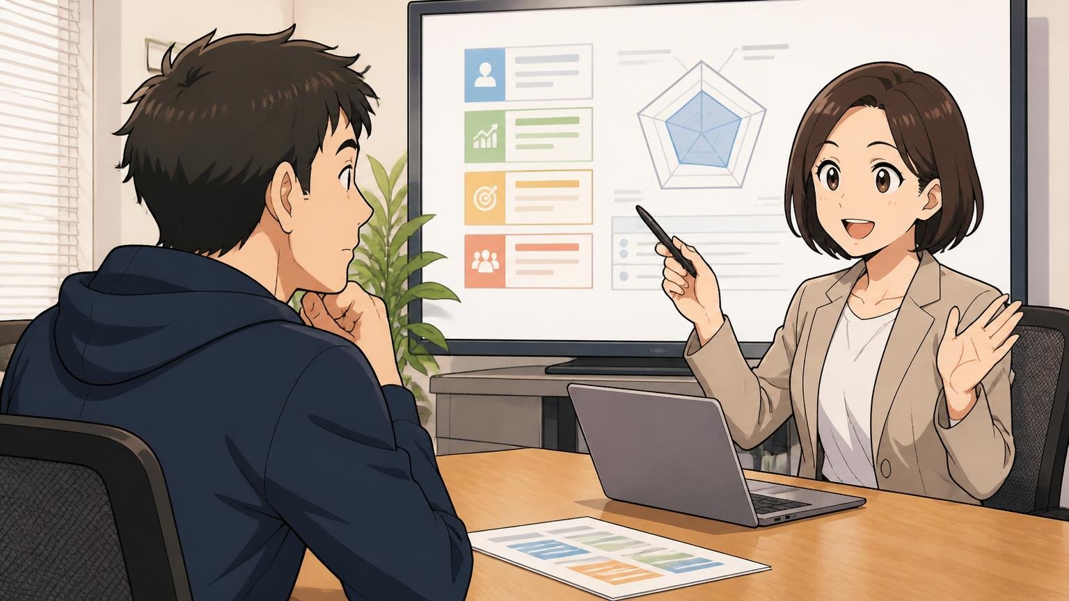 Web系企業の面接室で評価制度について説明を受けるエンジニア1人と人事1人の落ち着いた面談場面