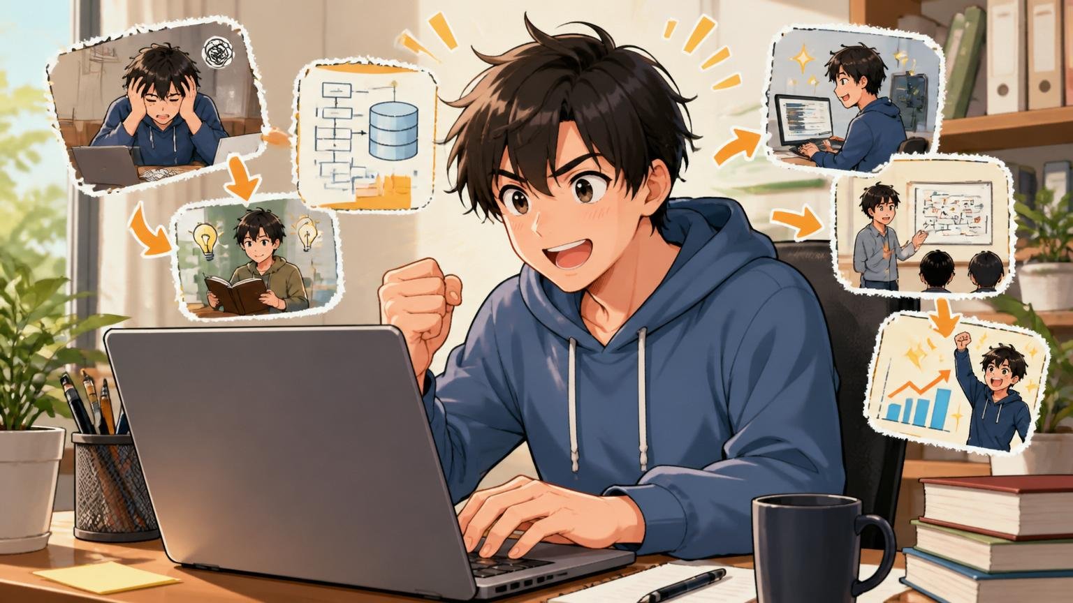 落ちた理由の8割は次への準備材料に変えられる 自宅のデスクで前向きに作業を再開するITエンジニア1人 表情に光が戻る