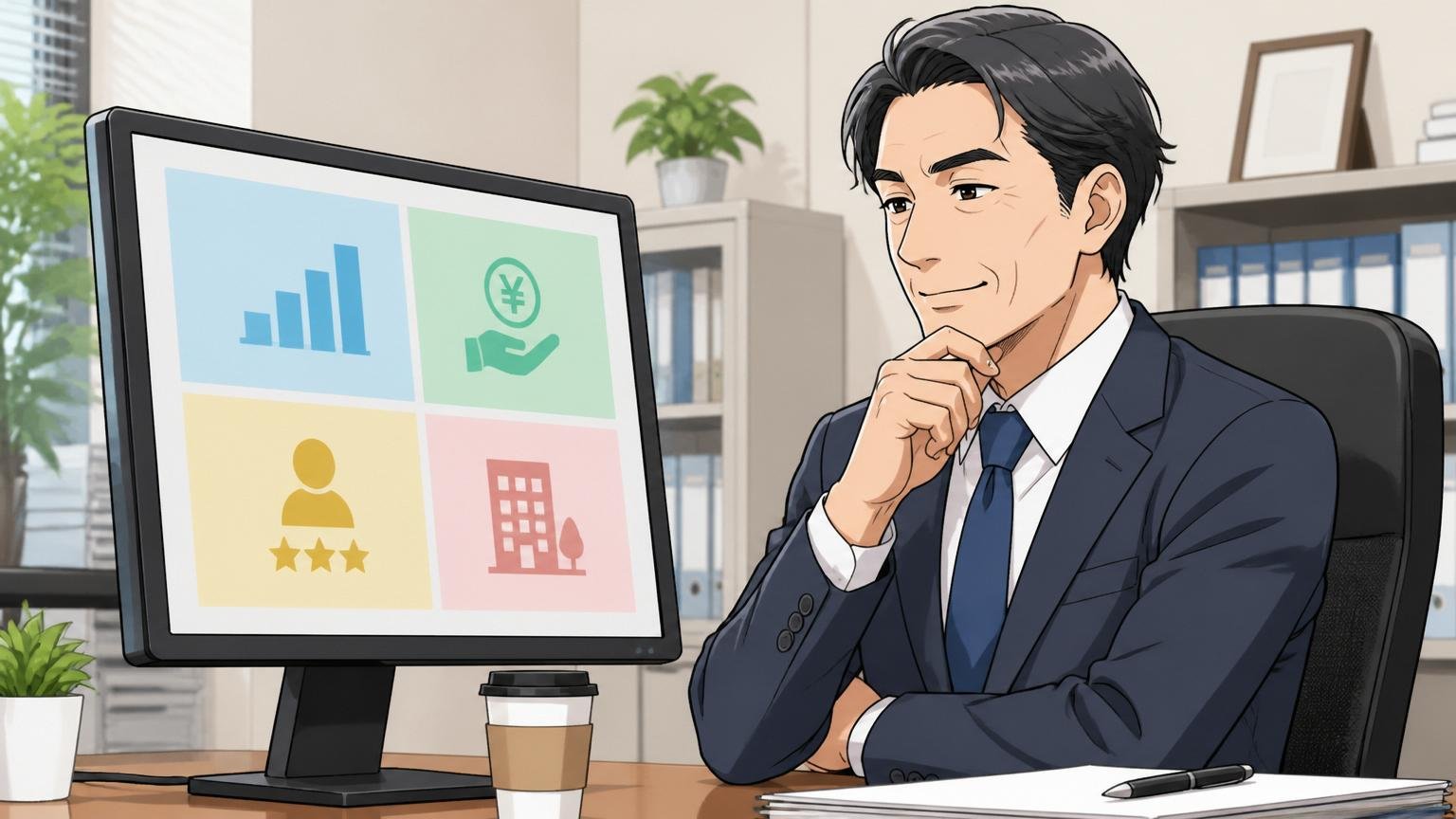 業績・待遇・評価・労働環境の4軸での振り返り|オフィスのデスクで4分割のフレームワーク図を見て頷く40代男性ベテランビジネスマン、落ち着いた表情